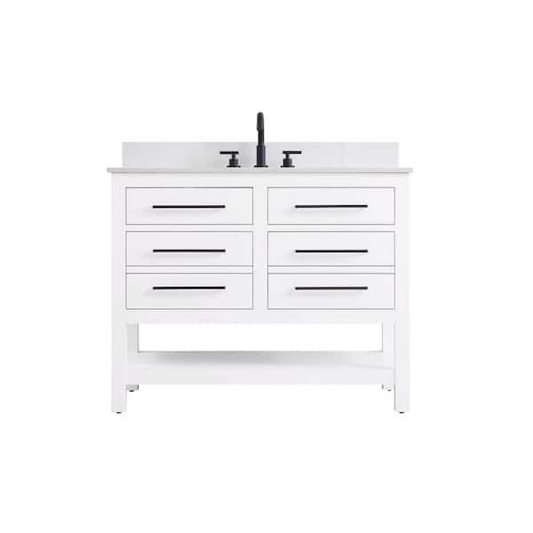 42 in. Single Sink White Bath Vanity with White Engineered Marble Top and Backsplash