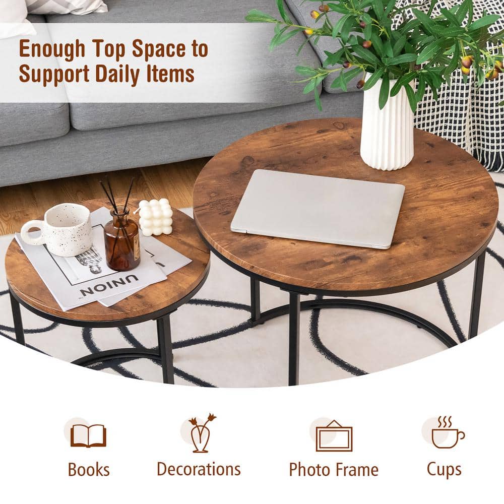 Rustic Brown Round Wood and Steel Nesting Tables Set