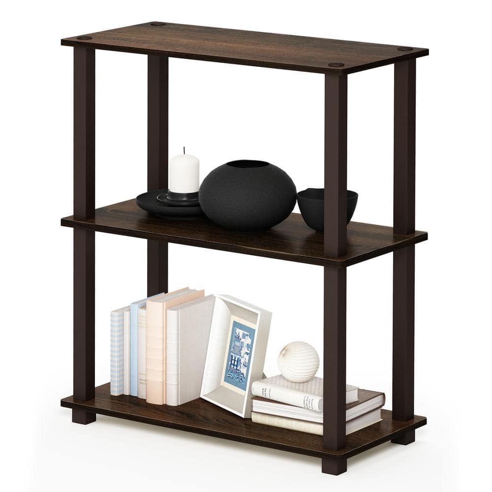 Walnut Brown 3-Tier Rubberwood Bookshelf with Open Back