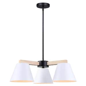 Harlyn 3 Light Matte Black, Matte White, and Wood Modern Chandelier for Dining Rooms and Living Rooms
