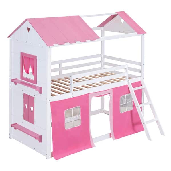 Polibi Twin Size Bunk Wood House Bed with Elegant Windows, Sills and Tent, Pink Plus White
