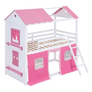 Twin Size Bunk Wood House Bed with Elegant Windows, Sills and Tent, Pink Plus White