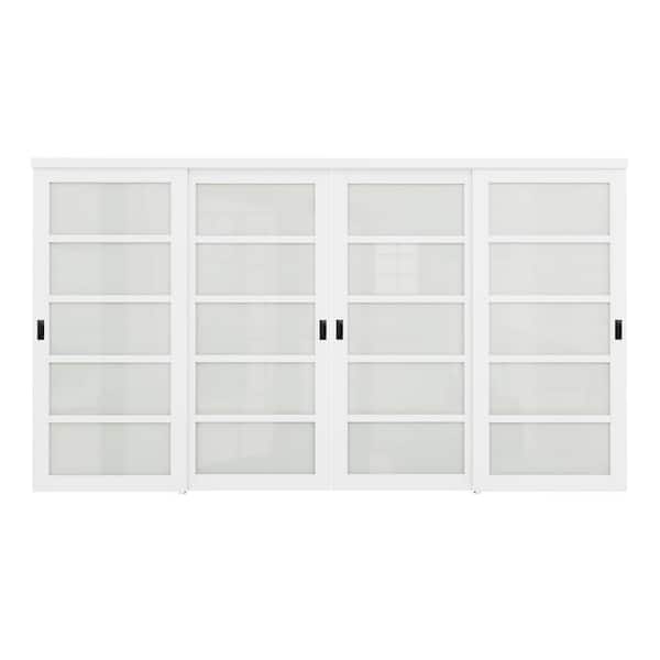 144 in.x 80 in. 5-Lite Tempered Frosted Glass Primed White MDF Interior Closet Sliding Door w/Black Handles and Hardware