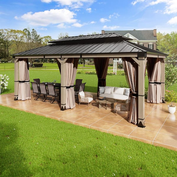 12 ft. x 20 ft. Fir Wood Gazebo with Galvanized Steel Hardtop Double Roof, Insect Screens and Privacy Curtains