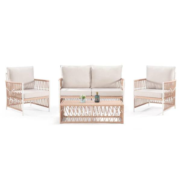 Sudzendf 4-Piece Wicker Outdoor Patio Conversation Set with Beige Cushions- with 2 Chairs, 1 Loveseat and 1 Coffee Table