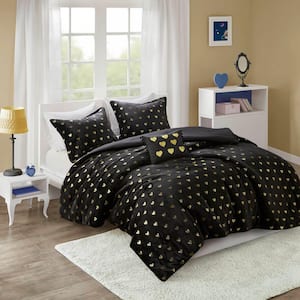 Jenna 4-Piece Black/Gold Microfiber Full/Queen Metallic Printed Plush Comforter Set with Throw Pillow