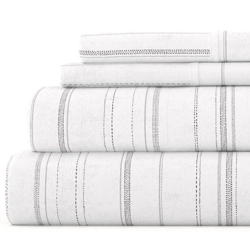 Gray and White Striped Cotton Flannel Queen Sheet Set