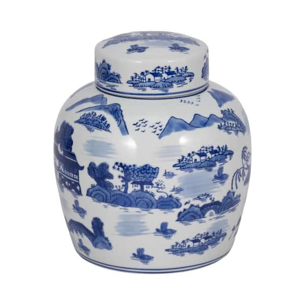 9 in. Blue Ceramic Rounded Chinoiserie Jar with Lid