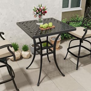 Black Cast Aluminum 29 in. W x 40 in. H Square Outdoor Patio Bar Table Bistro Table with Umbrella Hole for Yard (Seat 4)