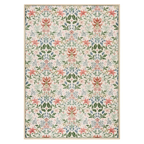 EVERWASH Haven 6 ft. x 9 ft. Ivory Vintage Floral Washable Area Rug