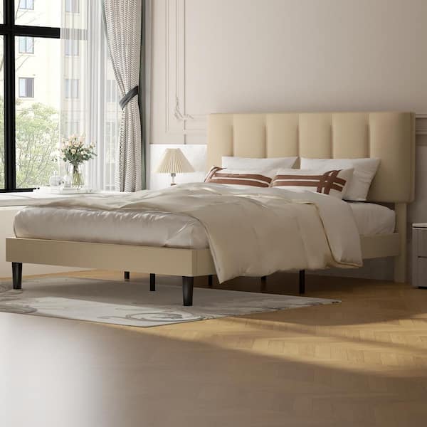 VECELO Upholstered Bedframe, Beige Metal Frame Full Platform Bed with Adjustable Headboard, Wood Slat, No Box Spring Needed