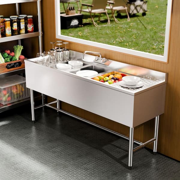 60 in. 3 Compartment Sink 18-Gauge 304 Stainless Steel, 10 in. x 14 in. x 10 in. Commercial Sink, 1 Compartment