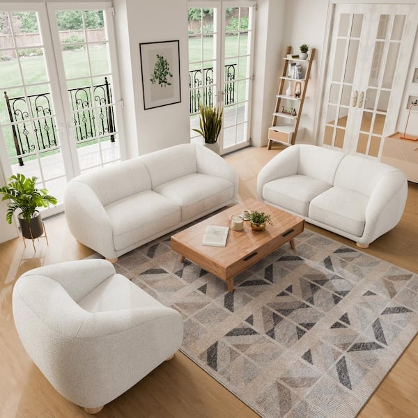Waxley 3-Piece White Teddy Boucle Polyester Sofa, Loveseat and Chair Living Room Set