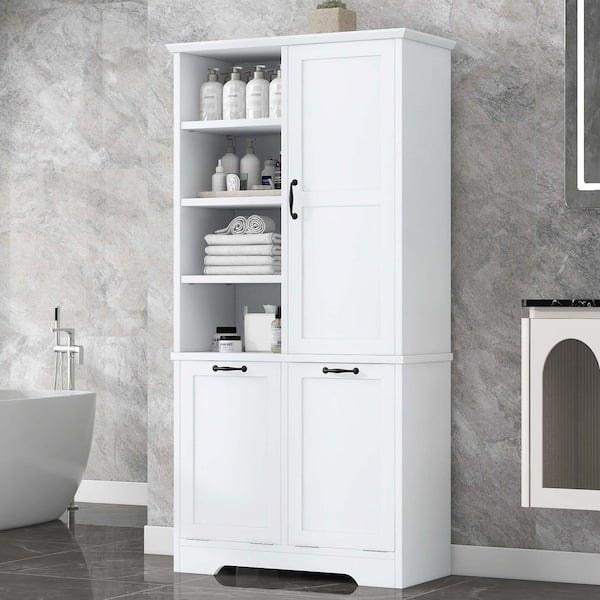 31 in. W x 14 in. D x 68 in. H White Linen Cabinet, Bathroom Storage Cabinet with Doors, Drawers Tilt-Out Laundry Hamper