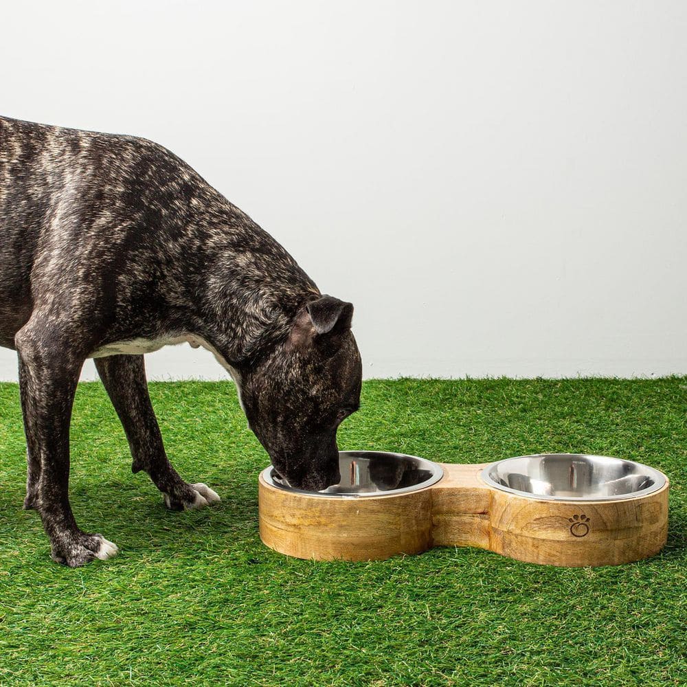 Small Mango Wood Elevated Double Pet Feeder with Stainless Steel Bowls