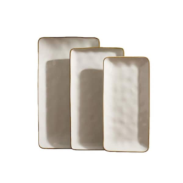 12.6/14.1/15.67 in. Vanilla White Stoneware Rectangular Serving Platter Trays for Party Food Turkey Snack (Set of 3)