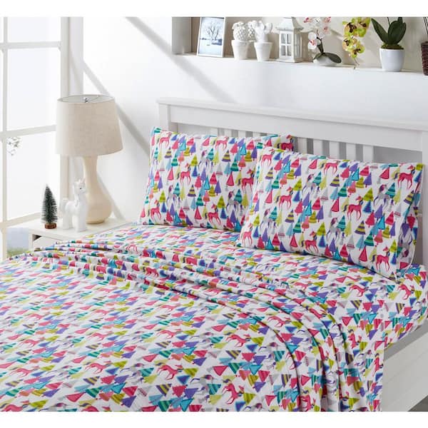 Morgan Home Unicorn Forest 4-Piece Pink Turkish Cotton Queen Flannel Sheet Set