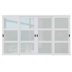 144 in. x 80 in. 3-Lite Frosted Glass White Primed MDF Interior Closet Sliding Door with Hardware and Black Handles