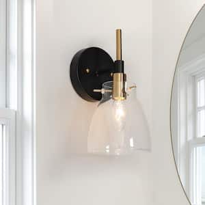 1-Light Black Modern Brass Wall Lighting Fixtures Wall Sconce with Cone Clear Glass Shade for Entryway, Hallway
