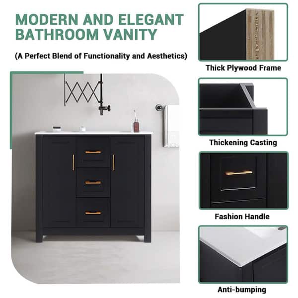 36 in. Single Sink Black Bath Vanity with White Ceramic Top Requires Assembly
