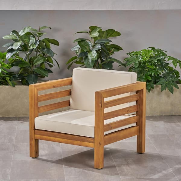 Noble House Oana Teak Brown Removable Cushions Wood Outdoor Lounge Chair with Beige Cushions