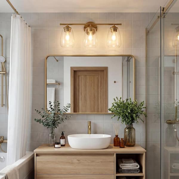 Modern 20.5 in. 3-Light Brass Bathroom Vanity Light, Wall Sconce with Seeded Glass Shades