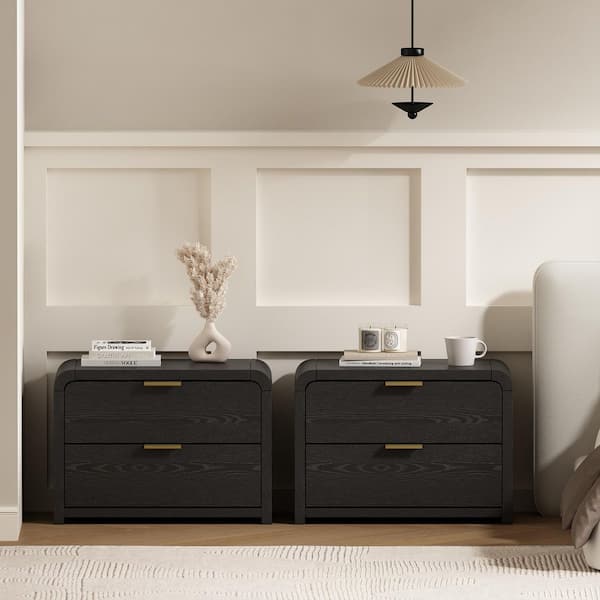 Grace Modern Black 2-Drawer 28 in. W Nightstand with Gold Handles (Set of 2)