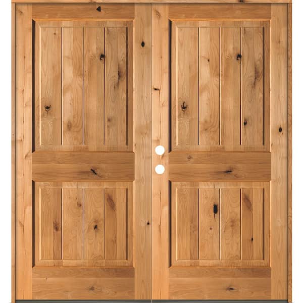 Krosswood Doors 72 in. x 80 in. Rustic Knotty Alder Square Top Clear Stain /V-Groove Right-Hand Inswing Wood Double Prehung Front Door