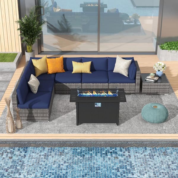Yangming Grey 8-Piece PE Wicker Square Coffee Table Outdoor Dining Fire Pit Table Set Sectional Sofa with Navy Blue Cushions