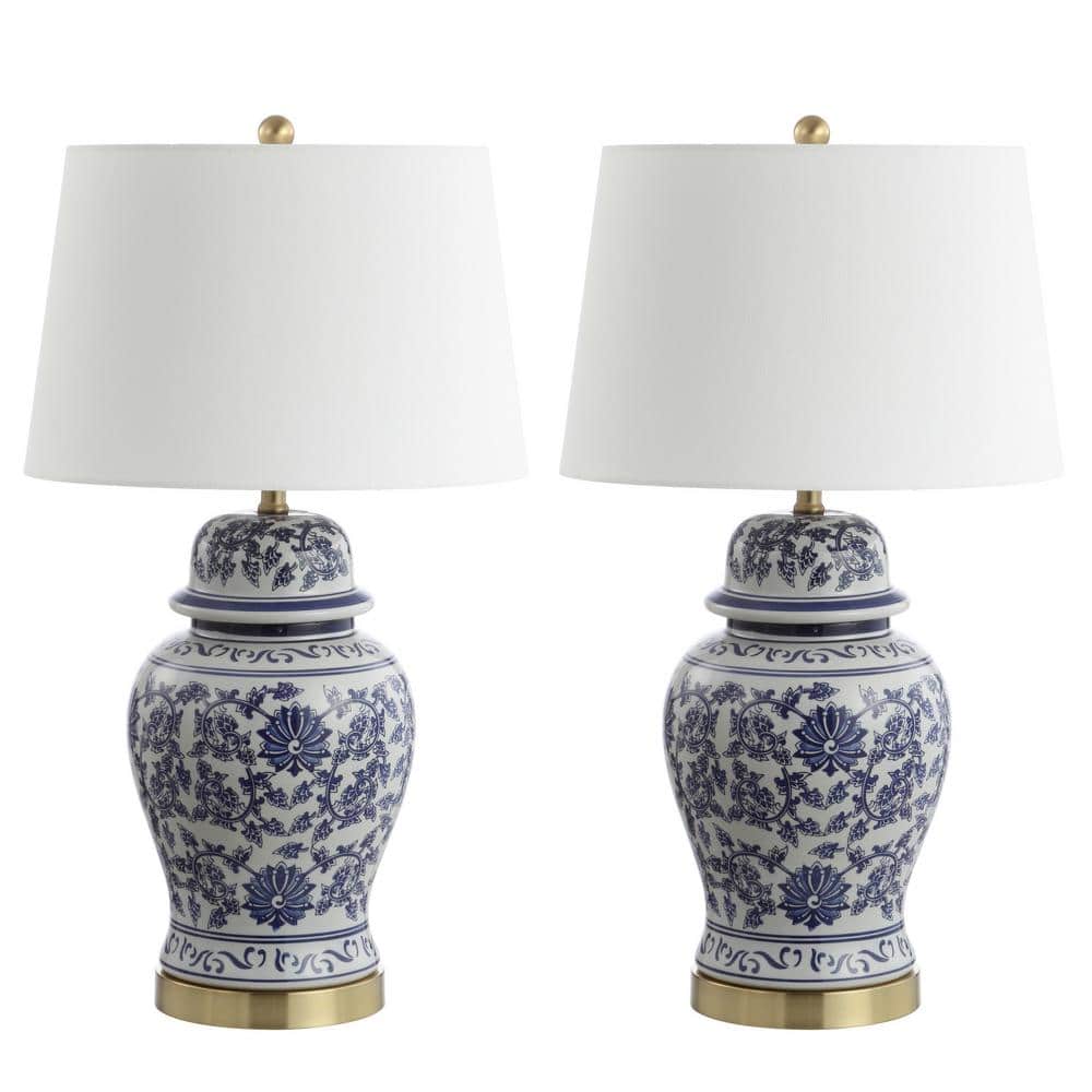 Elegant Arwen Blue and White Ceramic Table Lamp Set with Brass Accents