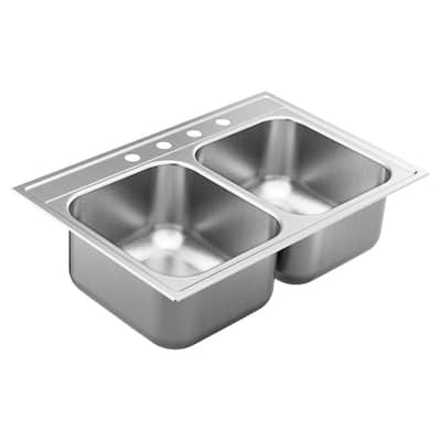 1800 Series Stainless Steel 33 in. 4-Hole Double Bowl Drop-In Kitchen Sink with 9 in. Depth