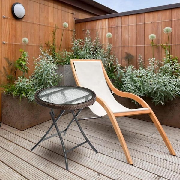 Round Rattan Side Table-Foldable Outdoor Wicker Table with Tempered Glass Top for Patio, Garden, Balcony (Brown)
