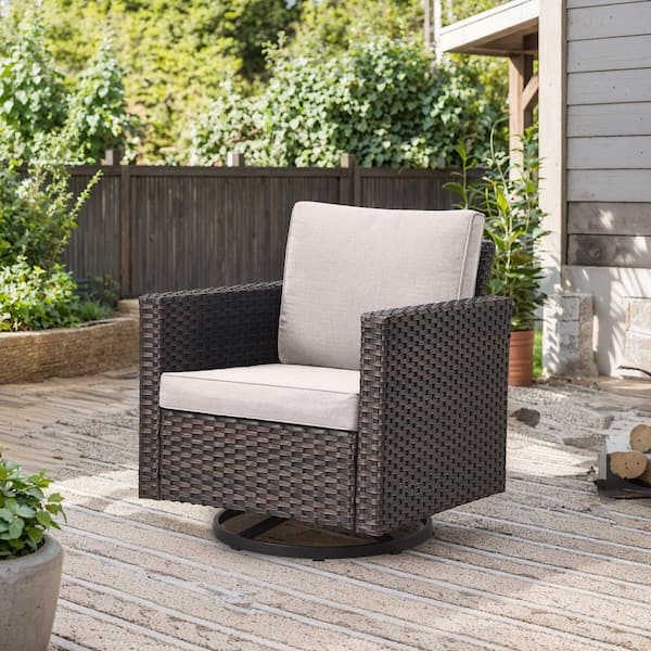 Opohoro Brown Wicker Outdoor Rocking Chair, Patio Swivel Glider Chair with Beige Cushions for Porch or Balcony (1-Pack)