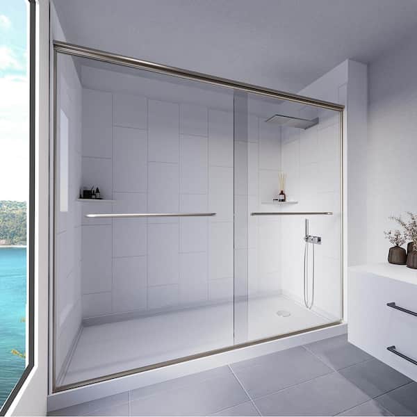 NuVo Winter White-Rainier 60-in x 34-in x 83-in Base/Wall/Door Rectangular Alcove Shower Stall/Kit Brushed Nickel Center