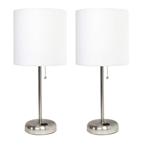 Creekwood home 19.5 in. Contemporary Bedside Duo, Brushed Steel Table Lamp Two Pack Set with Power Outlet, White Shades