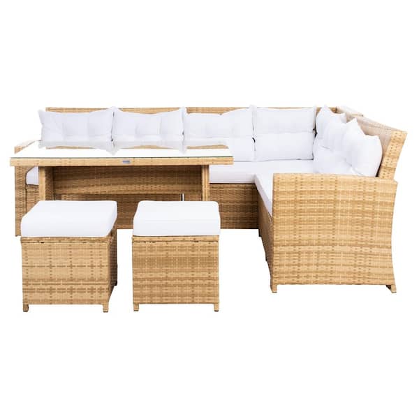 SAFAVIEH Miki Natural 5-Piece Wicker Outdoor Patio Dining Set with White Cushions