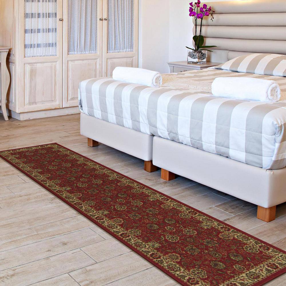 Dark Red Floral Non-Slip Synthetic Runner Rug