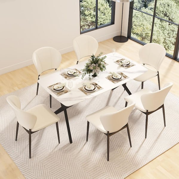 63 in. White Round Edge Sintered Stone Tabletop with Metal Cross Legs Dining Table, Seats 6-8