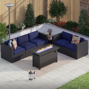 Rattan 7-Pieces Patio and Garden Wicker Conversation Furniture Set With Blue Cushions and Rectangle Black Fire Pit Table