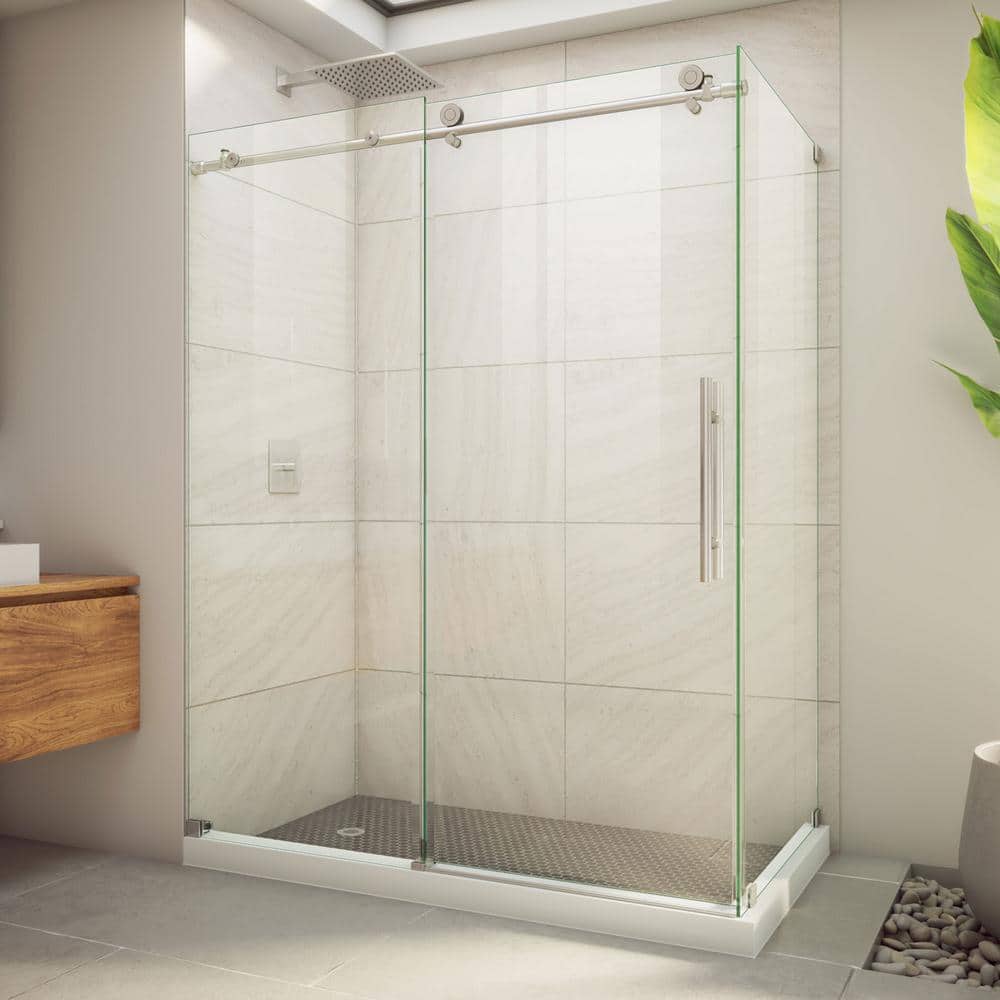 76" Frameless Clear Glass Sliding Shower Enclosure with Stainless Steel Hardware