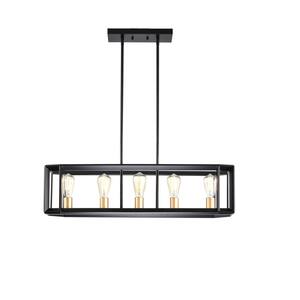 5-Light Matte Black and Gold Finish Linear Pendant Light with Adjustable Height