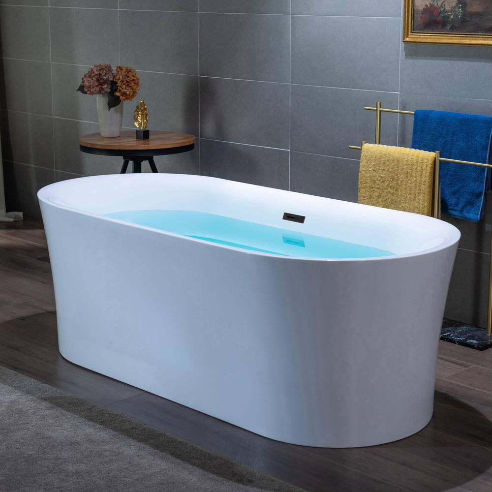 White Acrylic Oval Freestanding Soaking Bathtub with Center Drain