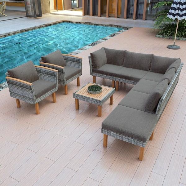 9-Piece Gray Wicker and Acacia Wood Outdoor Sectional Set with Gray Cushions, Coffee Table