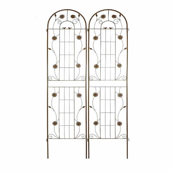 2 Pack Brown Metal Garden Trellis, Rustproof Lattice Trellis with Daisy, Bird Vine Design for Outdoor Climbing Plants