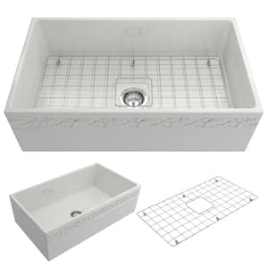 Vigneto White Fireclay 33 in. Single Bowl Farmhouse Apron Front Kitchen Sink with Bottom Grid and Strainer