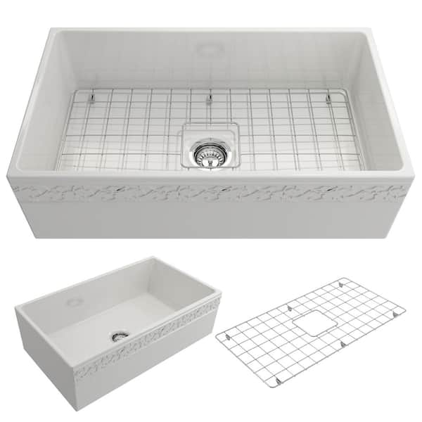 BOCCHI Vigneto White Fireclay 33 in. Single Bowl Farmhouse Apron Front Kitchen Sink with Bottom Grid and Strainer