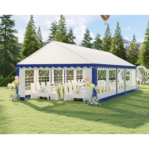 16 ft. x 32 ft. White and Blue Party Tent with Rolled Sidewalls