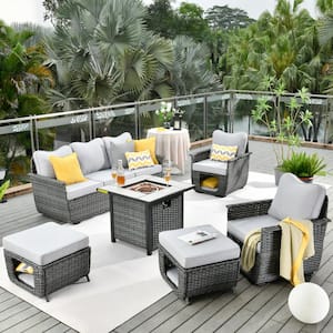 Sierra Black 6-Piece Wicker Multi-Functional Fire Pit Patio Conversation Sofa Seating Set with Light Gray Cushions