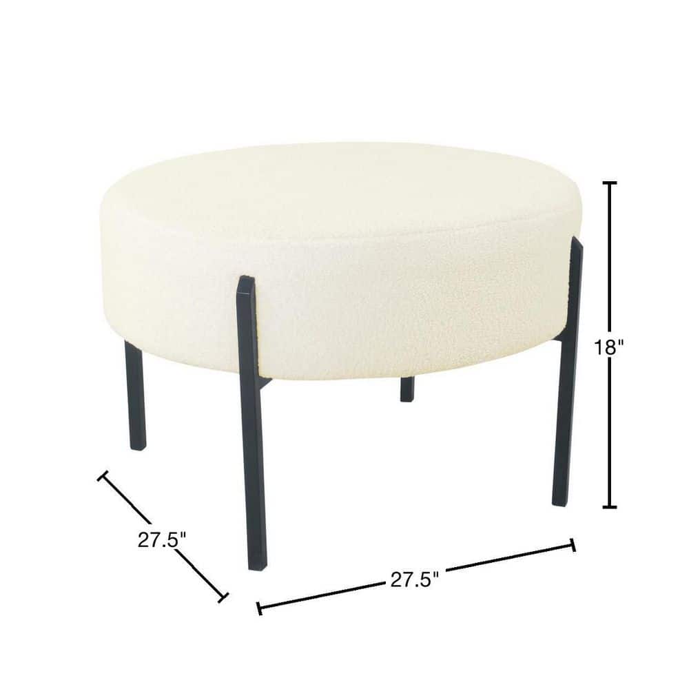 Cream Sherpa Round Ottoman with Black Metal Legs