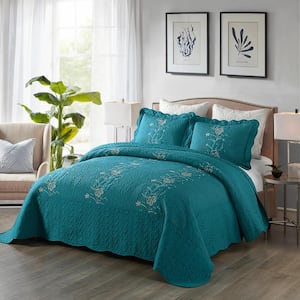 Lapaz Teal Embroidery Flower King Polyester Quilt Bedspread Set